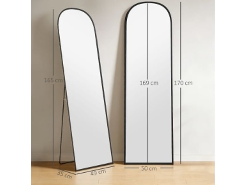 Miroir simple sur pied arqué en verre sécurisé avec cadre en aluminium noir, à poser ou fixer au mur 169 × 49 cm - Conforama D