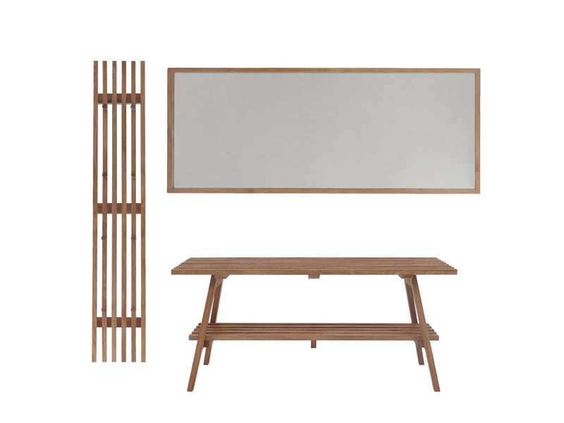 Ensemble de vestiaire mca hwc-p56, banc, panneau de vestiaire avec miroir, étagère à chaussures, 24 crochets, verre et bois massif de chêne  - Conforama A