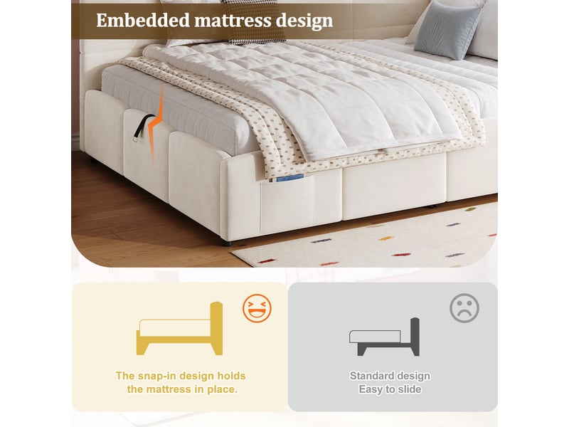  Lit coffre rembourré 140x190 cm - avec port usb et poche de rangement - tissu velours - sommier à lattes - beige (sans matelas)  - Conforama R