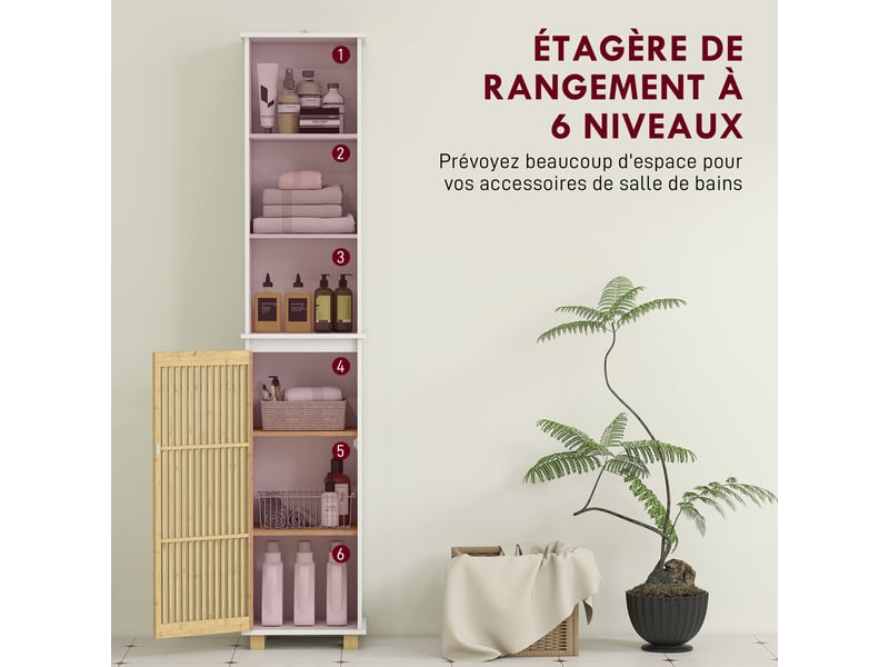  Colonne salle de bain, blanc, meuble salle de bain rangement avec porte à lattes en bambou et compartiments ouverts  - Conforama A