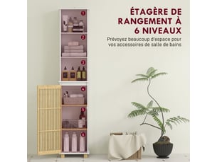 Colonne salle de bain, blanc, meuble salle de bain rangement avec porte à lattes en bambou et compartiments ouverts