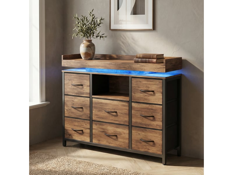 Commode chambre, 8 tiroirs, led rgb et station de charge, meuble de rangement 108x30x82 cm, métal et tissu, style industriel moderne, couleur noyer - Conforama B