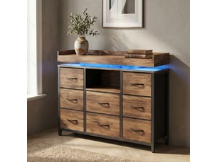 Commode chambre, 8 tiroirs, led rgb et station de charge, meuble de rangement 108x30x82 cm, métal et tissu, style industriel moderne, couleur noyer