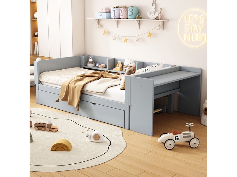  Lit enfant 90x200 cm avec lit gigogne et bureau, coloris gris  - Conforama E
