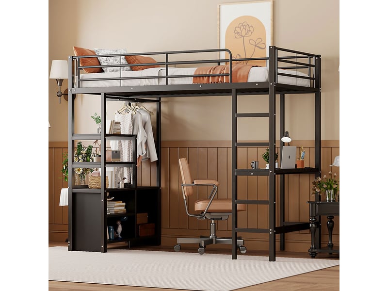 Lit mezzanine 90x200, structure métal robuste lit mezzanine avec bureau, ports usb, rangements intégrés, garde-corps haut sécurité  - Conforama B