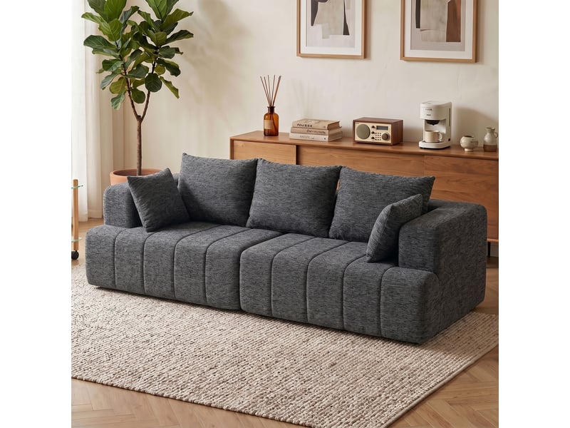 Canapé droit 3 places 248 cm pour salon en tissu chenille gris assise épaisse à ressorts ensachés T1003-01-19500 - Conforama E