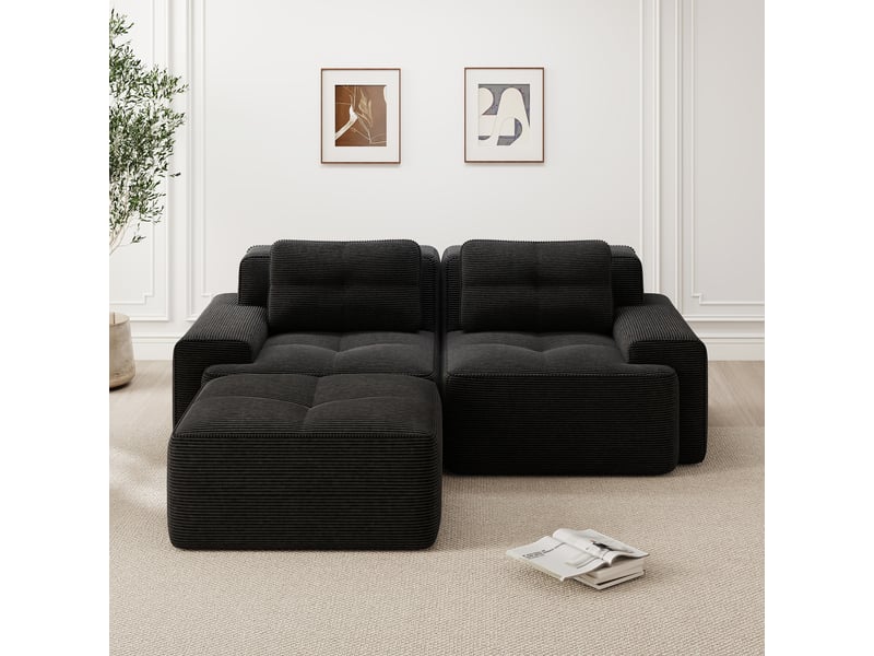 Canapé d'angle, canapé convertible – 2 places, sans cadre, en velours tricoté, assise profonde, avec pouf, noir  - Conforama R