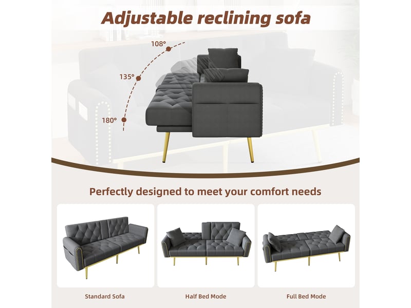 Canapé convertible 2 places 175x80x73,5 cm avec fonction lit, dossier réglable 3 positions, porte-gobelet, coussins, velours et pieds métal doré - gris - Conforama E