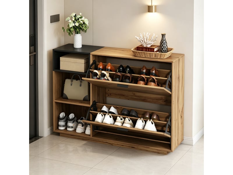 Meuble à chaussures en mdf effet bois, 2 abattants et 3 niches, rangement jusqu'à 12 paires pour entrée, 120 x 32 x 84,5 cm - Conforama B