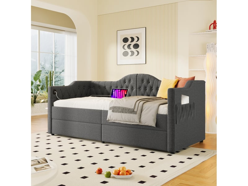  Modenvie lit de jour 90x200 cm - avec 2 tiroirs, ports usb et usb-c, sans matelas - gris  - Conforama D