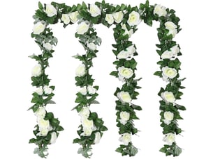 guirlande fleur artificis rose vigne decoration mariage, 4 pcs soie fleur décoration fausse plante suspendues florale pour fête jardin maison arc cérémonie mur exterieur(blanc)