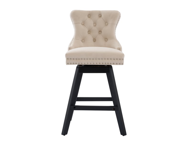  Lot de 2 tabourets de bar pivotants en velours beige – dossier capitonné, clous chromés, pieds bois  - Conforama A