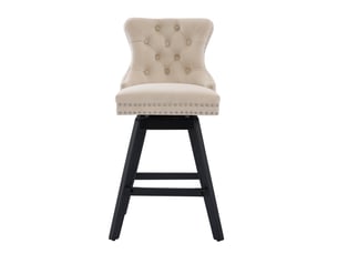 Lot de 2 tabourets de bar pivotants en velours beige – dossier capitonné, clous chromés, pieds bois