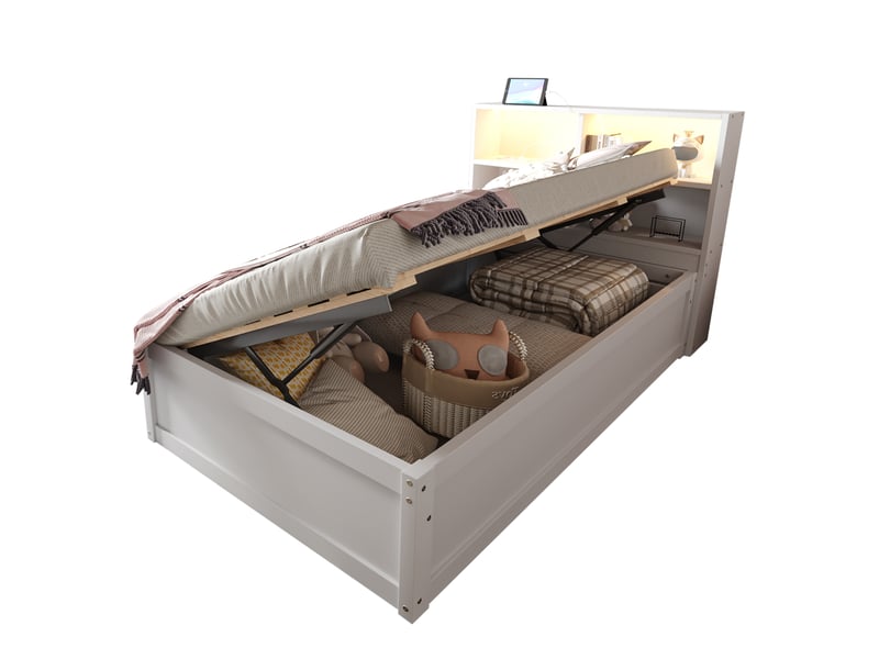  Lit simple 90 x 200 cm avec rangement hydraulique, led et prises intégré - blanc  - Conforama A