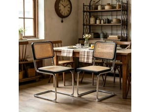 Lot de 2 chaises de salle à manger en bois et rotin avec piètement chromé design moderne milieu de siècle chaises d'appoint rembourrées