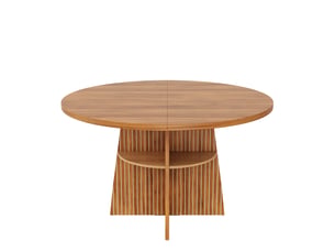 Table à manger ronde extensible noyer 110-150x110x77,5 cm, 2-8 personnes, plateau extensible, étagère intégrée, gain de place
