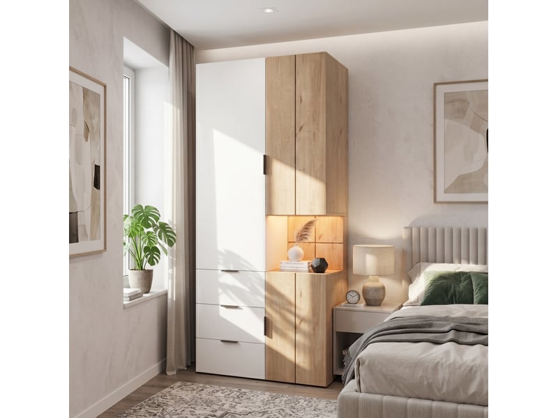  Armoire 90x49x200 cm avec éclairage led et tiroir à bijoux, mdf, blanc et bois, dressing et accessoires pour chambre  - Conforama D