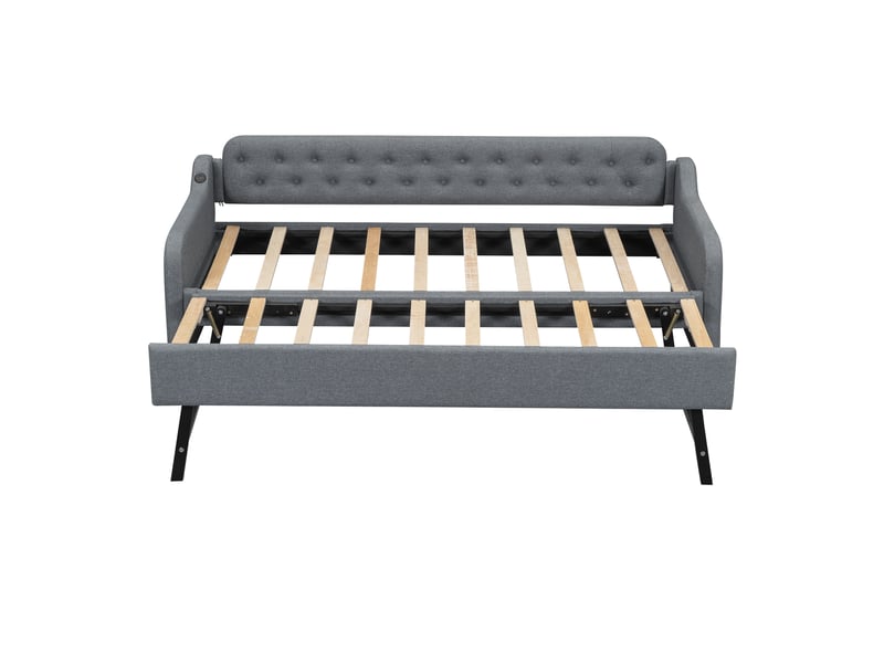  Canapé lit 90x200 en lin gris avec lit gigogne extensible et port usb intégré  - Conforama R