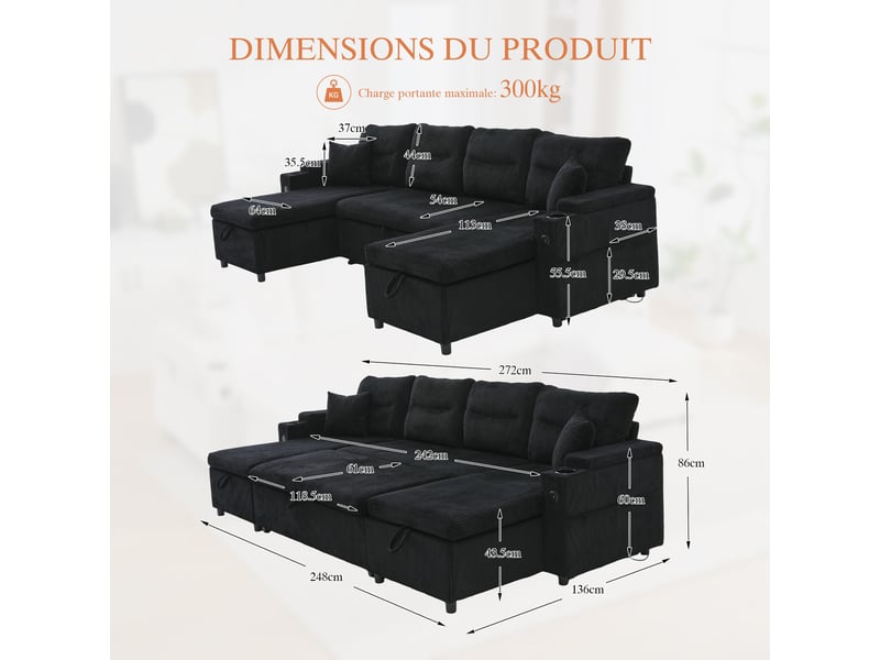Canapé d'angle convertible 4 places en velours côtelé noir 272x136x86 cm avec rangement, usb-c et porte-gobelets 272x136x86cm - Conforama C