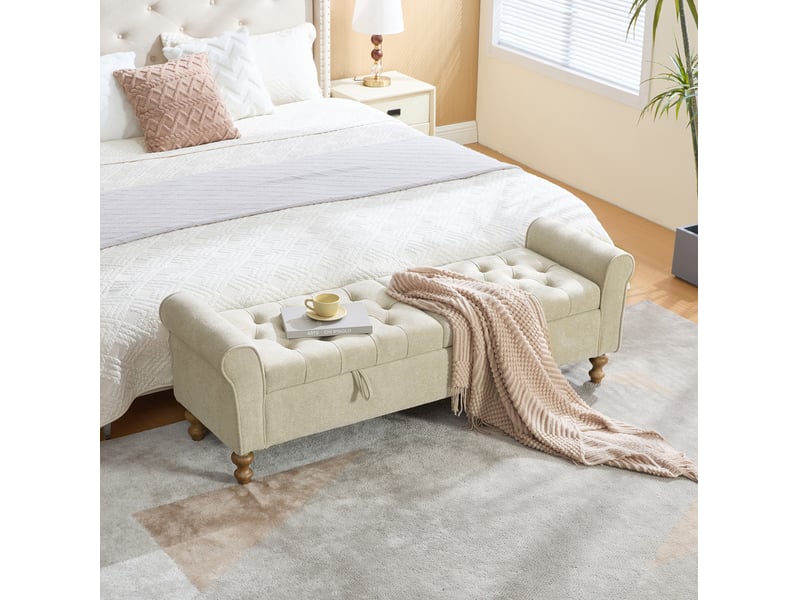  Banc coffre 2 couvercles, rangement intégré, design moderne, structure robuste, salon et chambre, tissu bouclé, kaki  - Conforama E