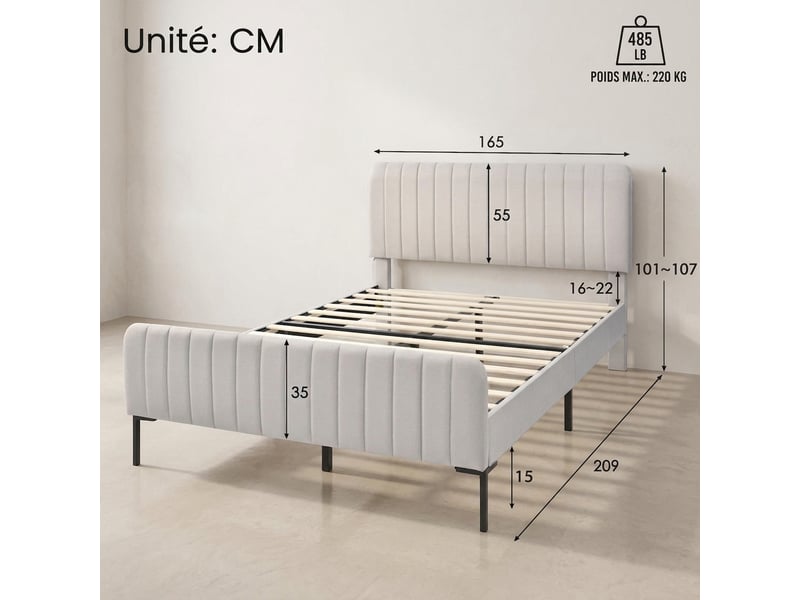  Lit double 160x200 gris beige en lin capitonné avec sommier et tête de lit réglable, sans matelas  - Conforama C