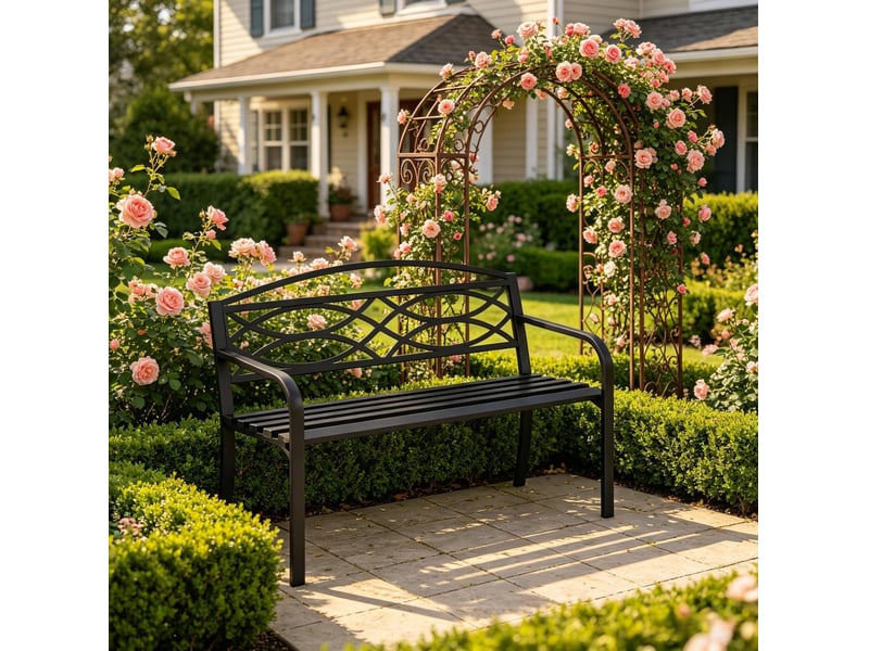 Banc de jardin en métal 127,5 x 49,5 x 83 cm – noir – dossier et accoudoirs confortables - Conforama B