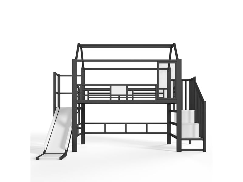  Lit mezzanine enfant maison noir 90x200 cm avec toboggan, escalier, rangement et led  - Conforama A