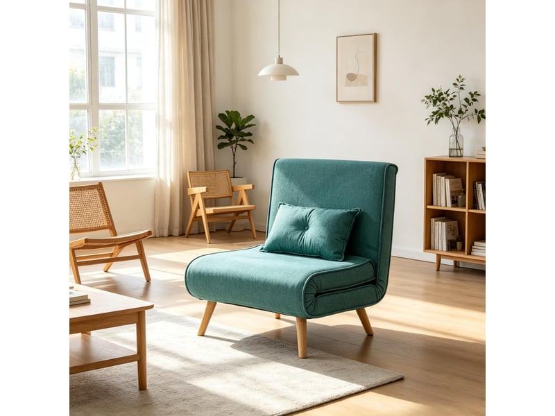  Fauteuil convertible 3 en 1 vert foncé en tissu aspect velours, dossier click-clack 6 positions, couchage d'appoint  - Conforama E