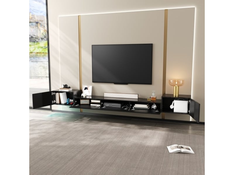  Console tv murale avec portes brillantes et led rgb contrôlables par app – meuble tv fermé, salon moderne  - Conforama D