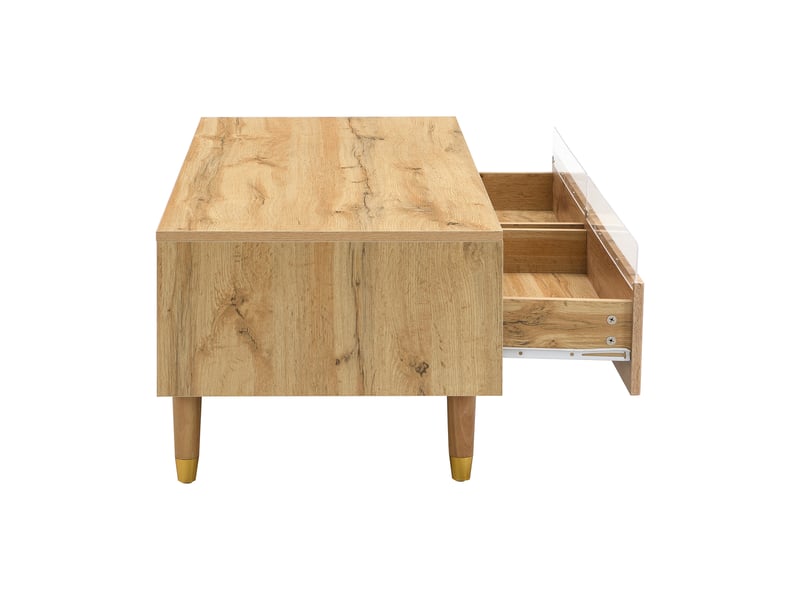  Table basse led moderne, plateau ondulé, pieds dorés effet bois, 2 tiroirs, éclairage led multicolore  - Conforama D