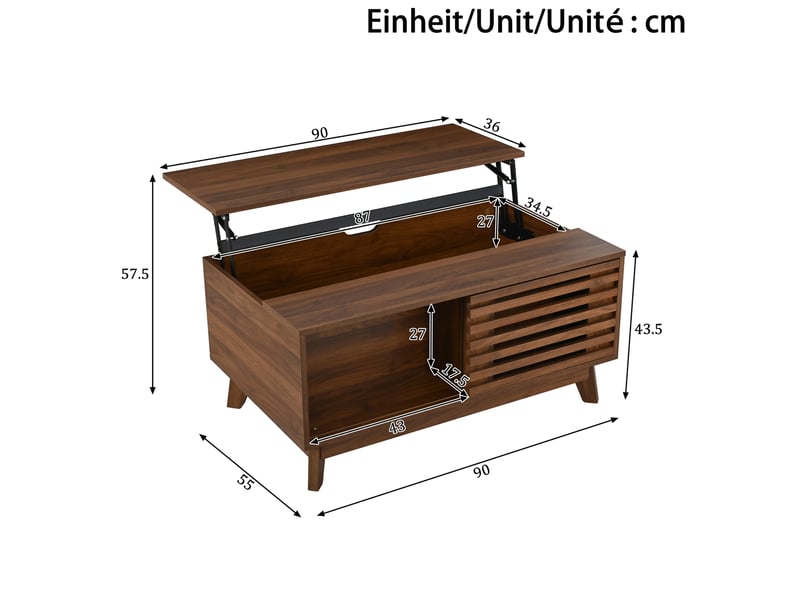  Table basse ulevr relevable avec rangement, porte coulissante à lamelles, mdf effet noyer, 90 x 55 x 57,5 cm  - Conforama C