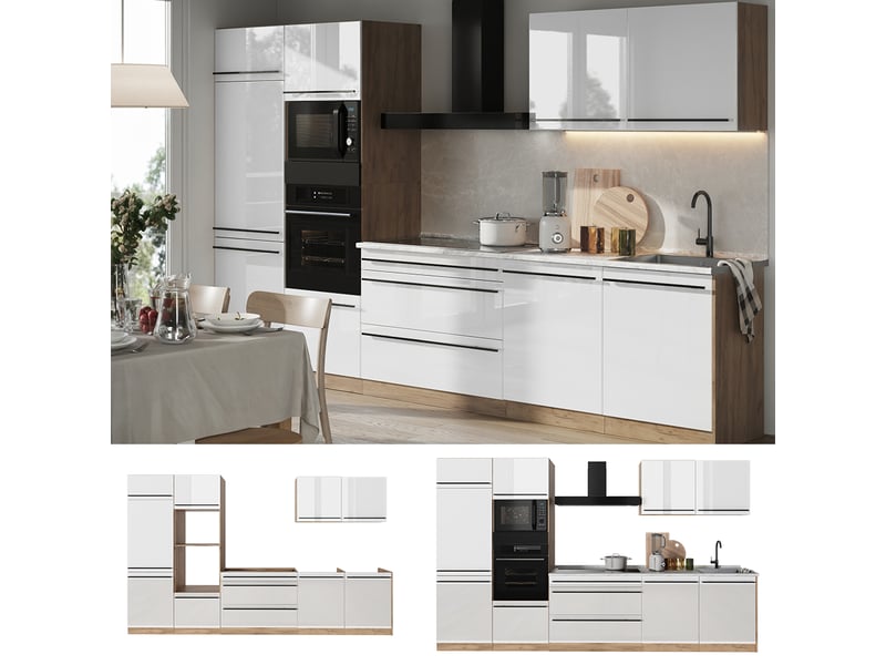  Vicco cuisine, blanc haute brillancechêne doré, 340cm plan de travail chêne doré  - Conforama D