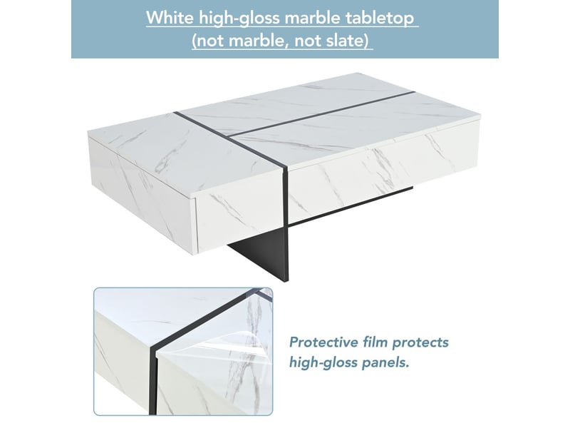  Table basse 110x60, plateau effet marbre brillant table basse salon, led intégrées app contrôlées, rangement intégré 3 tiroirs  - Conforama E