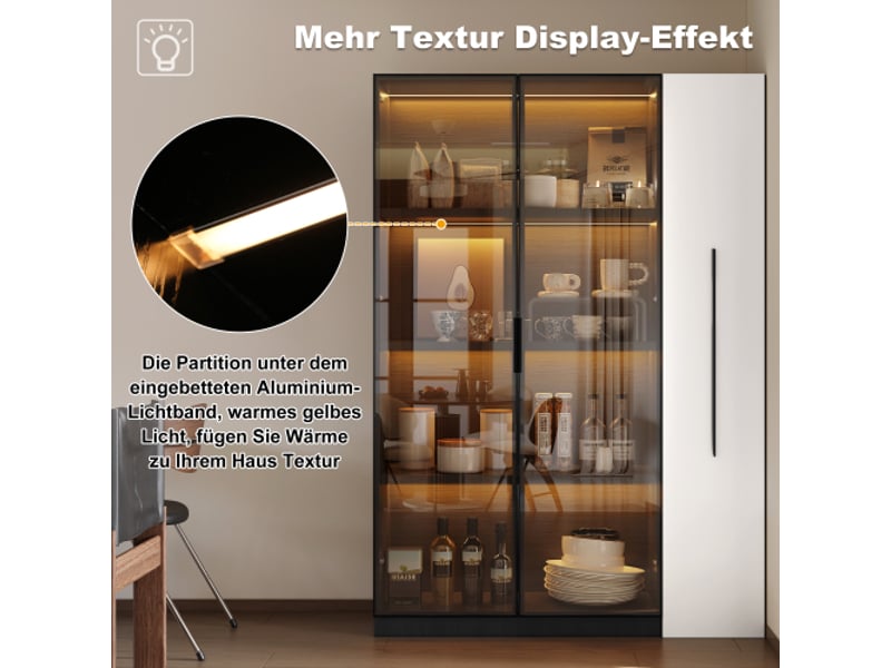  Buffet salle à manger vitrine complète 2 en 1 en mdf 110,5x35x160cm, étagère coulissante, éclairage led, verre sécurisé  - Conforama D