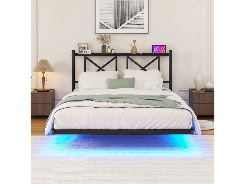  Lit coffre cadre de lit double 120 x 200 cm, led, recharge, tête intégrée, sommier suspendu, métal, montage facile, sans matelas  - Conforama C