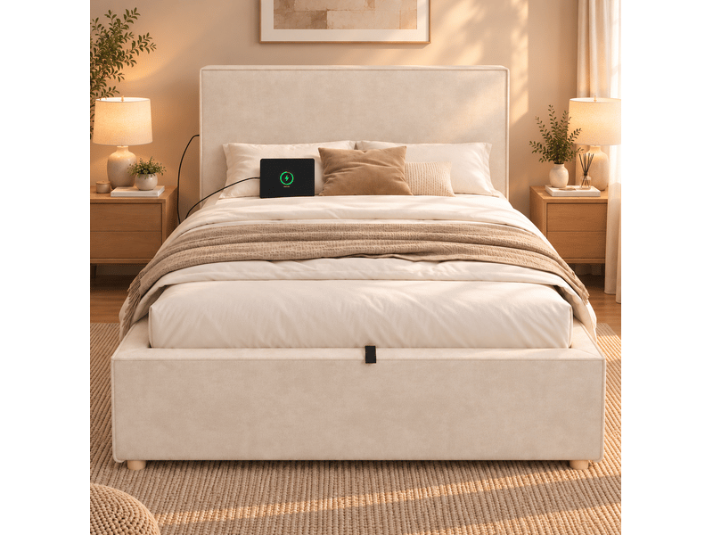  Lit coffre 90 × 200 cm avec sommier à lattes et tête de lit rembourrée, ouverture hydraulique, en chenille beige  - Conforama B