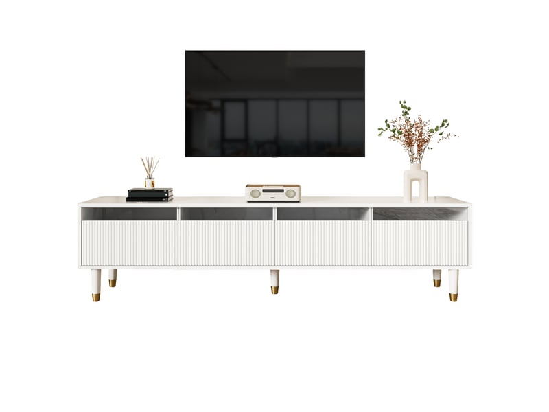  Meuble tv avec 4 tiroirs et passe-cables, design minimaliste pour salon, en mdf, blanc, 178 x 35 x 45 cm  - Conforama A