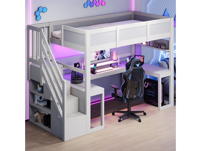 Lit mezzanine gamer avec bureau intégré 90x200cm led usb escalier rangement blanc  - Conforama E