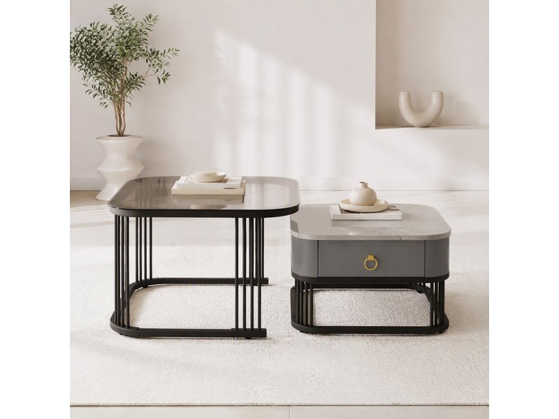  Table basse gigogne ulevr 2 pièces avec 2 tiroirs, 60 x 60 x 44,5 cm et 50 x 50 x 34,5 cm, verre et aspect marbre  - Conforama B