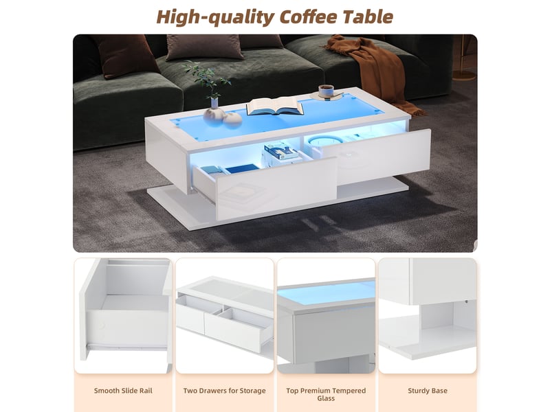  Table basse avec 2 tiroirs et led pour salon 100×50×35 cm en panneaux de particules blanc  - Conforama C