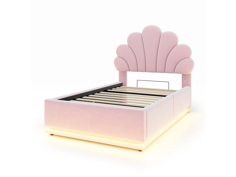 Lit coffre 90x200 cm - lit 1 place avec rangement hydraulique, tête de lit fleurie et led - cadre métal - rose - Conforama R