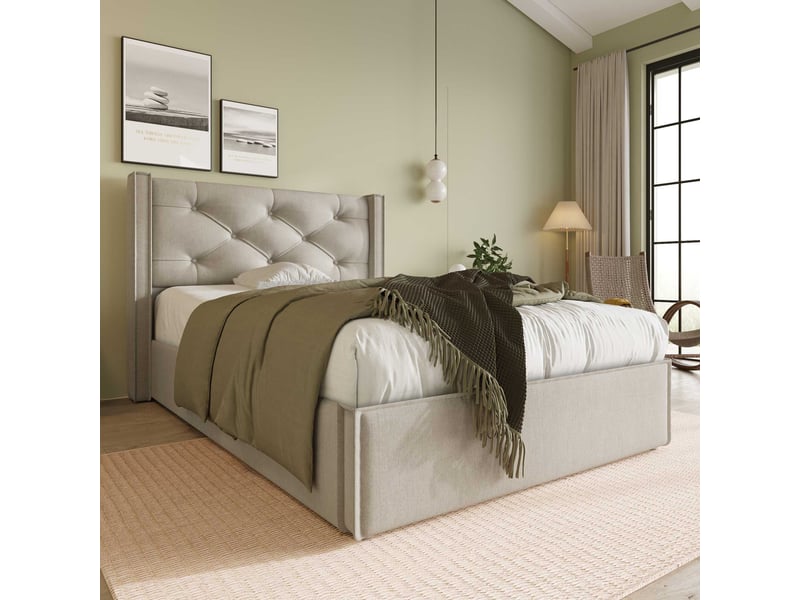 Lit coffre 90x200 cm avec matelas 25 cm, rangement hydraulique, sommier à lattes, tête de lit capitonnée, coton gris clair C-DEGAYUN - Conforama B