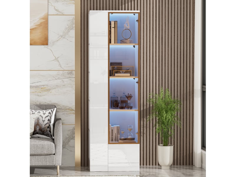  Vitrine haute 50 x 35 x 160 cm – blanche – porte vitrée, led réglable par application, tiroir et niches  - Conforama E