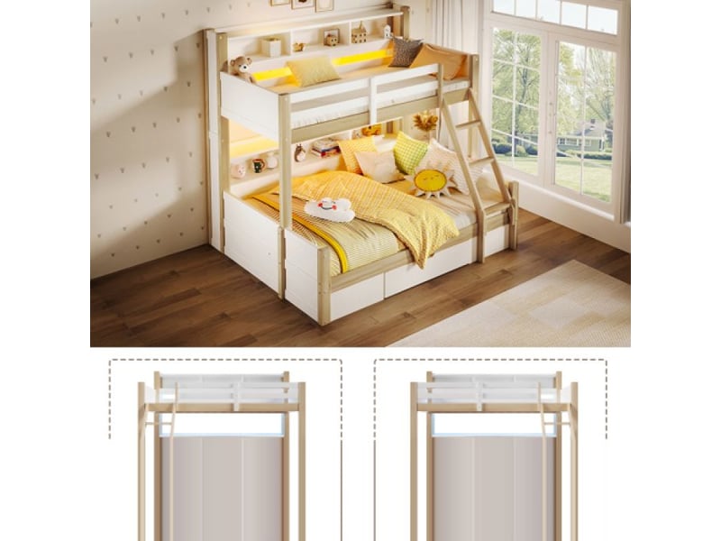  Lit superposé 3 etage 3 places 90x200 &amp; 140x200 | échelle, barrière de sécurité, casiers et tiroir  - Conforama A