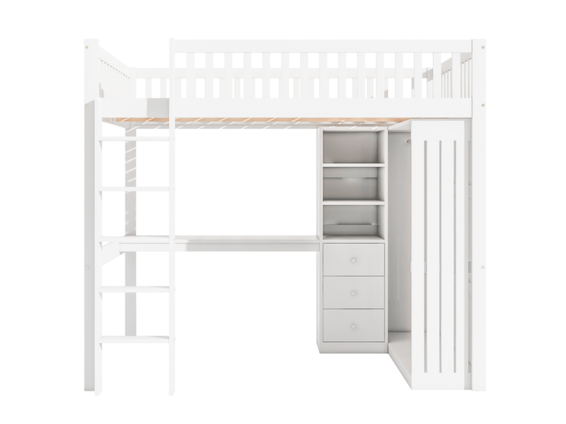  Lit mezzanine 140x200 cm avec bureau, armoire, 3 tiroirs, rangement ouvert, bois de pin et mdf, blanc sans matelas  - Conforama A