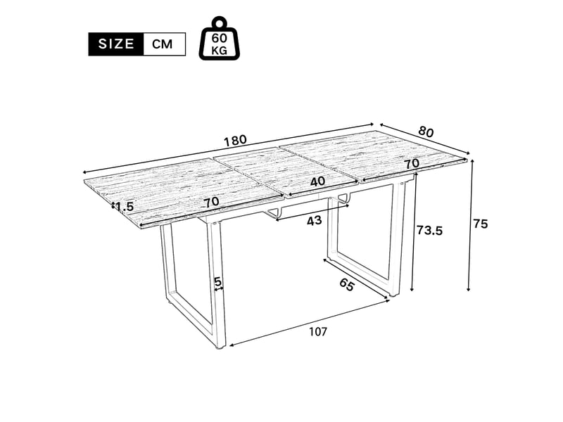  Table à manger extensible rectangulaire 140180 x 80 x 75 cm, style industriel, mdf et métal, gris et noir  - Conforama C