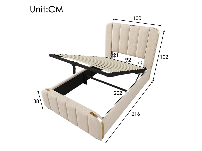  Lit coffre 90 x 200 cm avec tête de lit rembourrée, usb type-c, beige en lin  - Conforama E