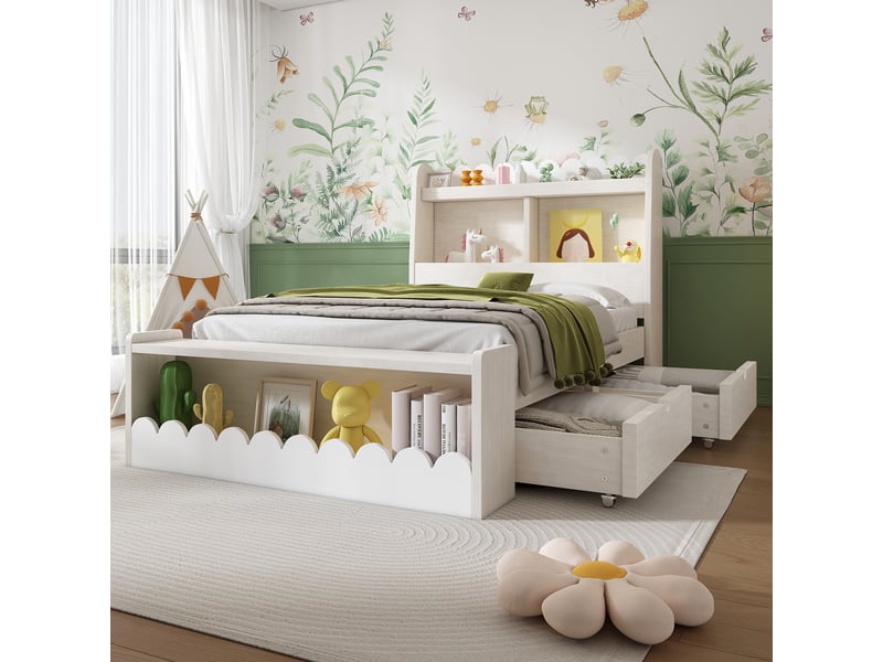  Lit enfant 90x200 cm – lit simple avec rangement et banc – sans matelas – mdf – blanc chêne votan  - Conforama E