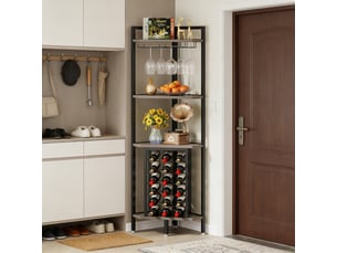Étagère d'angle à vin sur 4 niveaux avec porte-verres et rangement 18 bouteilles - mdf métal gris