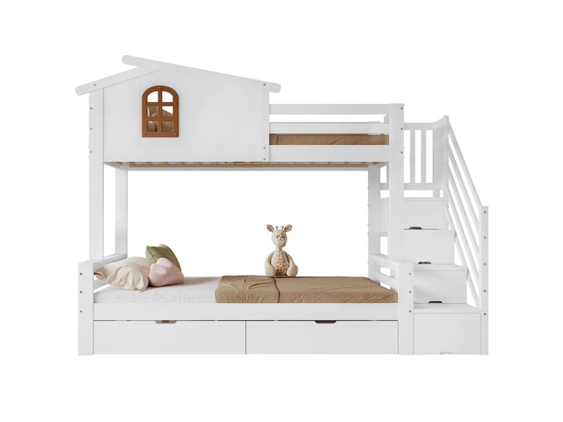  Lit superposé enfant 90x200 et 120x200 cm avec 2 tiroirs, blanc et naturel  - Conforama A